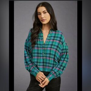 Anthropologie Pilcro Cropped Puff-Sleeve Plaid Blouse Cottagecore Green Size S